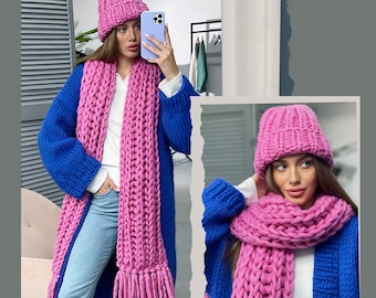 Winter knit hat and scarf set - Chunky beanie and scarf women handmade - Hand knitted merino wool fringe scarf set