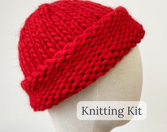 Fisherman knit beanie knitting kit - Knitted winter hat diy kit - beanies knit projects