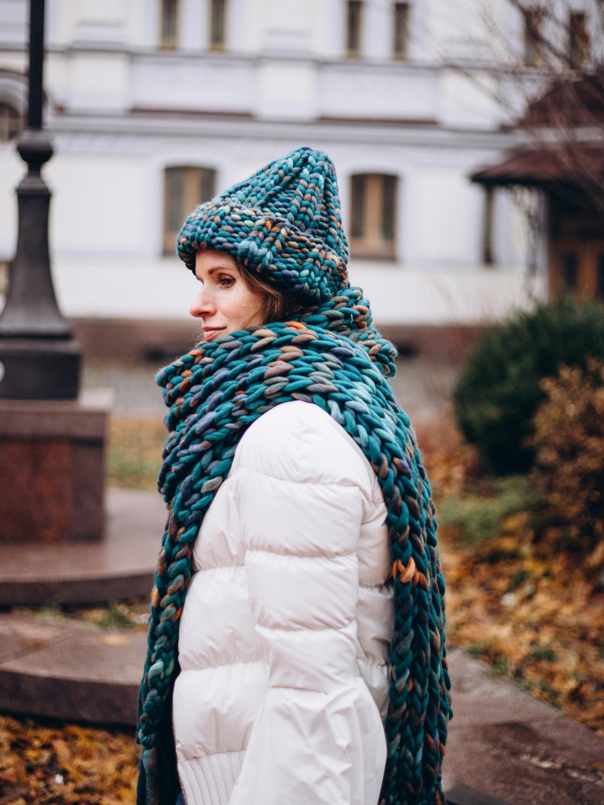 Colorful Oversized Winter Scarf - Handmade Wool Knitted Chunky
