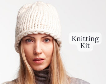 Beanie knit kit - Hat knitting diy kit - Make your own fisherman beanie - Gifts for knitters - Diy gift for her