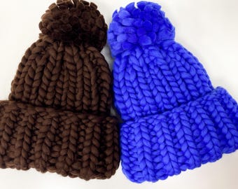 Grobstrick Herren Mütze mit Bommel - Merinowolle Wintermütze