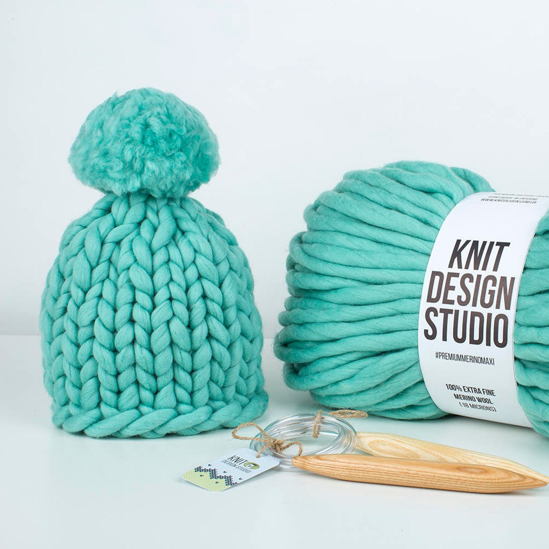 Chunky Knit Beanie Knitting Kit Big Pom Pom Hat Knit Kit Crafts, DIY Kits and Gifts for Knitters