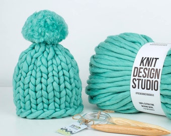 Knit kit - Chunky beanie hat with pom pom knitting kit - DIY kits - Gifts for knitters