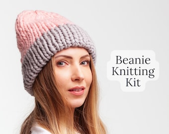 Knit winter hat diy knitting kit - Chunky knit beanie craft kit - Hats women knit projects
