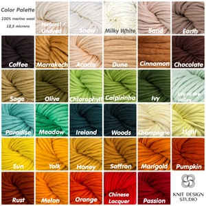 May include: Color palette of 100% merino wool yarn in various shades, including natural/undyed, snow, milky white, sand, earth, coffee, marrakech, acacia, dune, cinnamon, chocolate, sage, olive, chlorophyll, caipirinha, ivy, lily of the valley, paradise, meadow, ireland, woods, champagne, light, sun, yolk, honey, saffron, marigold, pumpkin, rust, melon, orange, chinese lacquer, and passion.