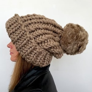 Chunky knit slouchy beanie hat with pom pom - Womens knitted slouch hat - Handmade wool knit hat women or men - Oversized grunge beanie
