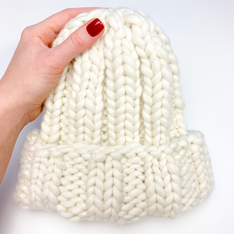 Chunky merino wool fisherman beanie with folded brim – ivory/cream color, cozy winter hat.