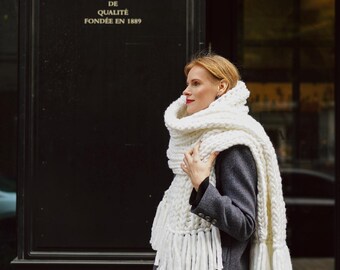 Oversized Long Chunky Knit Scarf - Giant Winter Fringed Merino
