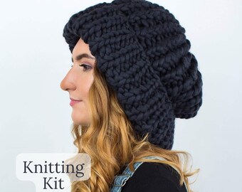 Knit kit - Oversized slouchy beanie knitting kit - Chunky knit projects - Slouch winter hats diy kit - Gifts for her