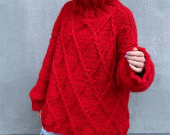 Oversized Chunky Knit Sweater, Peruvian Wool Hand Knitted Turtleneck Sweater