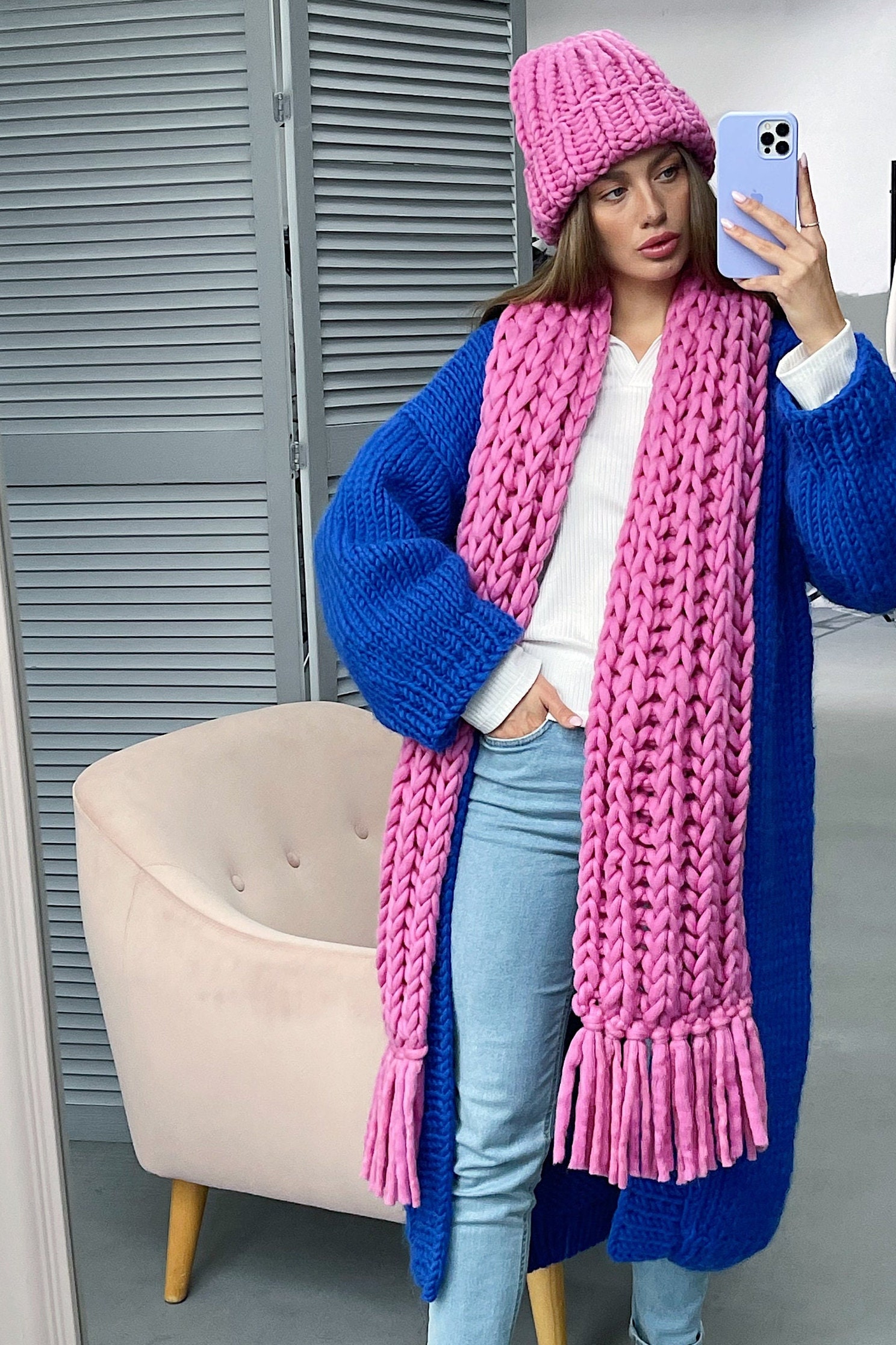 Sciarpa invernale da donna, in maglia, da donna, invernale, con frange, calda e morbida, con frange, in tinta unita, elegante, con frange, spessa e spessa, Azzurro, Taglia unica