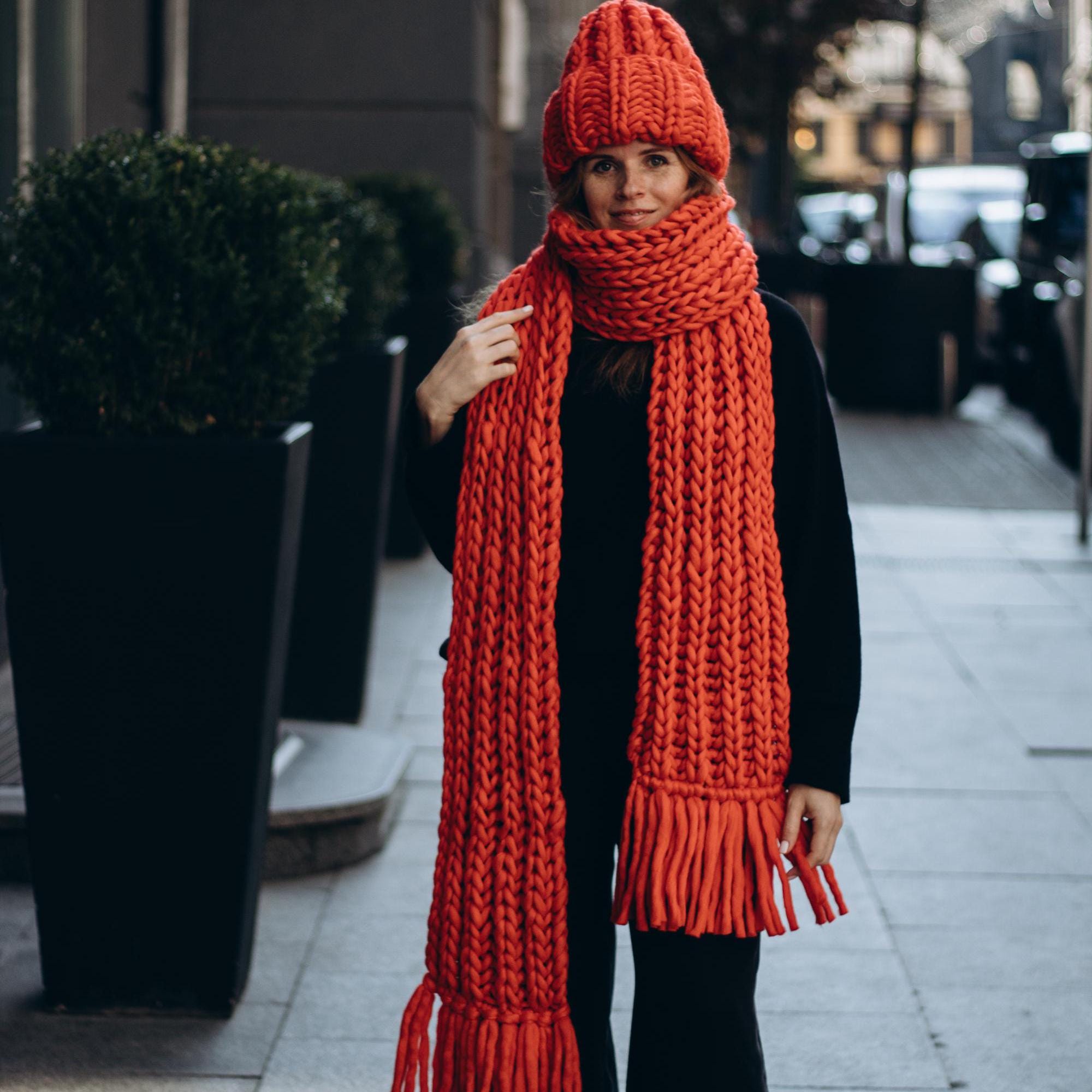Oversized winter chunky knit scarf and hat set - Hand knitted wool beanie and scarf set