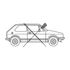 Könnte beinhalten: Eine Schwarzweiß-Zeichnung eines Oldtimers mit zwei gekreuzten Rudern auf dem Dach. Das Auto ist ein Kombi mit abgerundeter Form und einer einzigen Tür auf der Fahrerseite.
