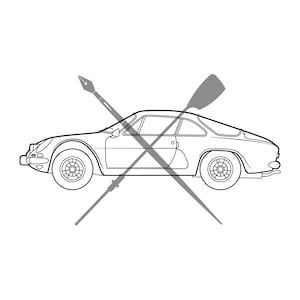 Puede incluir: Un dibujo en blanco y negro de un coche antiguo con un bolígrafo y una pala cruzados detrás.