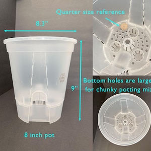May include: A clear plastic 8-inch plant pot with a 9-inch height and 8.3-inch diameter. The bottom holes are larger for chunky potting mix. The image includes a quarter for size reference.