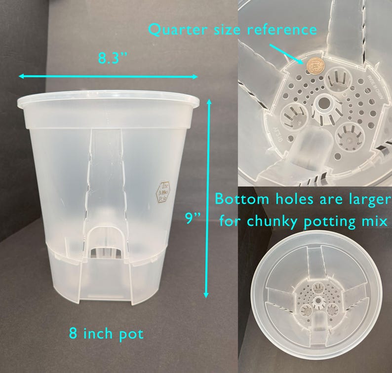 May include: A clear plastic 8-inch plant pot with a 9-inch height and 8.3-inch diameter. The bottom holes are larger for chunky potting mix. The image includes a quarter for size reference.