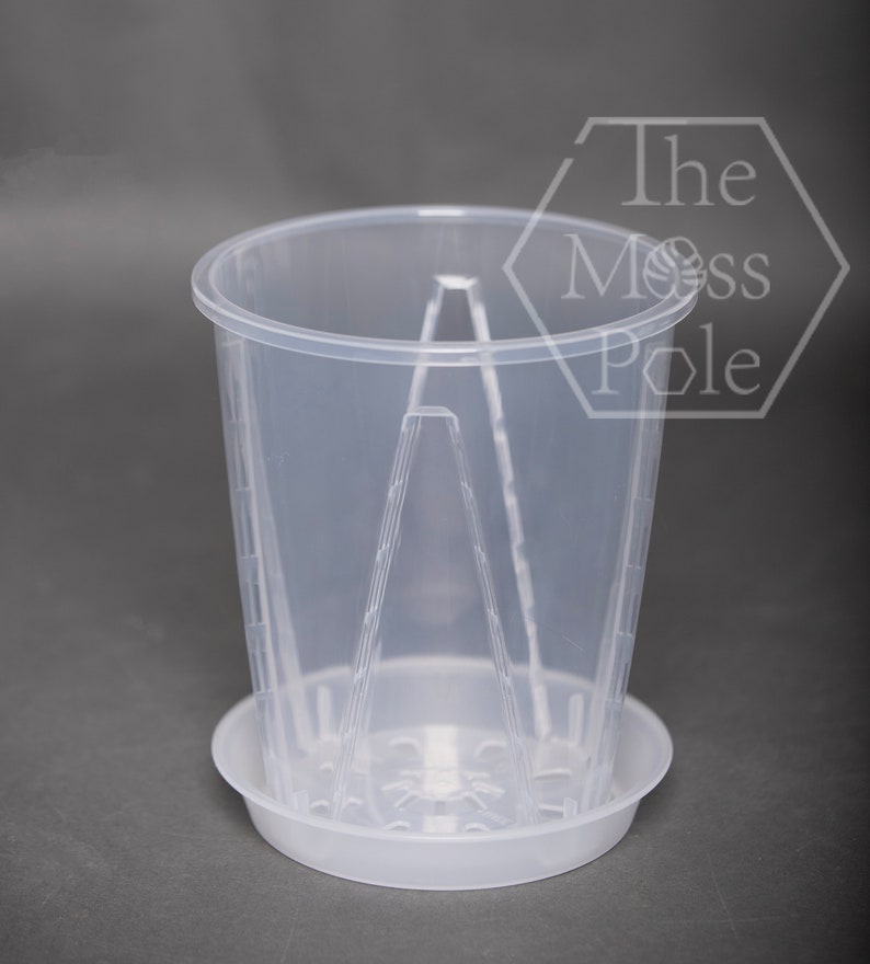 May include: A clear plastic plant pot with drainage holes and a separate saucer. The pot has a unique design with vertical slits on the sides.