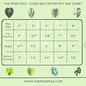 May include: A size chart for clear self-watering pots from The Moss Pole. The chart shows pot sizes from 4" to 8", with corresponding top and bottom diameters, and heights in inches. Decorative plant illustrations surround the chart.