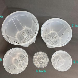 May include: A set of five clear plastic plant pots in varying sizes: 8 inch, 7 inch, 6 inch, 5 inch, and 4 inch. Each pot features a perforated base and internal supports for drainage and plant health.