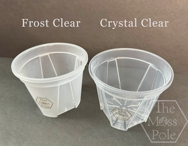 Peut inclure: Deux pots de plantes en plastique transparent, l'un avec une finition givr&eacute;e et l'autre avec une finition transparente. Les deux pots ont un logo hexagonal qui indique "The Moss Pole".