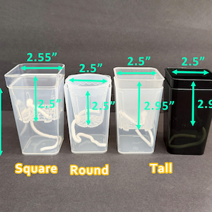 May include: Four clear and black plastic plant pots of varying shapes and sizes. The square pot is 4 inches tall and 2.55 inches wide. The round pot is 2.5 inches wide and tall. The tall pot is 2.95 inches tall and 2.5 inches wide. The text "Square", "Round", and "Tall" are below the pots.