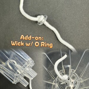 May include: A close-up of a white wick with a clear O-ring, and the text "Add-on: Wick w/ O Ring". The image also shows a clear plastic container with the wick inserted. The text "Through the hole in the center" is also visible.