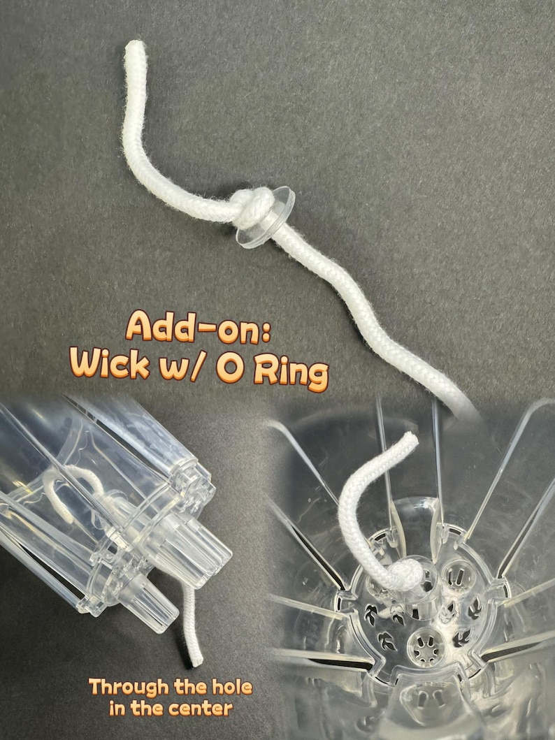 May include: A close-up of a white wick with a clear O-ring, and the text "Add-on: Wick w/ O Ring". The image also shows a clear plastic container with the wick inserted. The text "Through the hole in the center" is also visible.