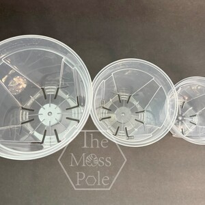 Peut inclure: Trois pots de fleurs en plastique transparent avec des trous de drainage au fond. Les pots sont de tailles diff&eacute;rentes, le plus grand pot &eacute;tant &agrave; l'avant et le plus petit pot &agrave; l'arri&egrave;re.