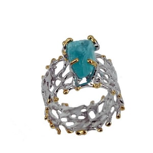 Raw Blue Apatite Ring, Rough Stone Ring in Gold or Silver, Handmade Gemstone Jewelry