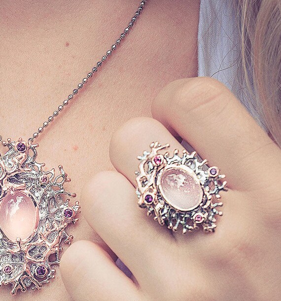 Rose Quartz Ring, Blush Wedding Jewelry, Bohemian Wedding Ring, Jewelry Set for Bride, wedding rings, unique bridesmaid jewelry