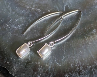 Rectangle Freshwater Pearl Sterling Silver Hook Earrings, Bridal Jewellery