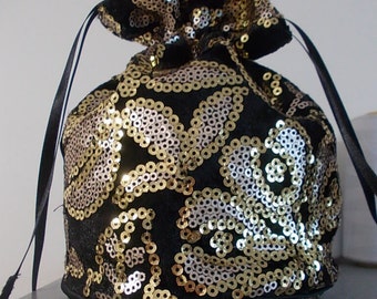 Glitzy black and gold sequin dolly bag. Ribbon drawstring, wrist purse, wedding bag, bride/bridesmaid/evening/prom/Goth Bridal UK Seller