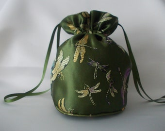 Emerald green dragonfly brocade dolly bag.Ribbon drawstring,wrist purse bride bridesmaideveningpromGoth Bridal UK Seller wedding bag