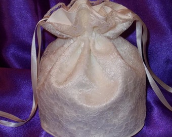 Ivory lace and ivory satin dolly bag. Handmade ribbon drawstring. Bridal UK Seller