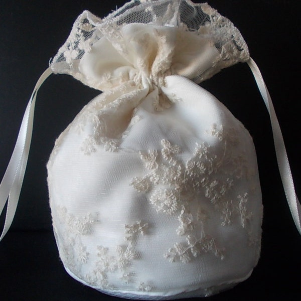 Ivory embroidered tulle and ivory satin dolly bag. Ribbon drawstring.  Bridal. UK Seller