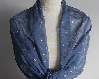 Pewter/ dark grey hologram sequin embroidered chiffon wrap shawl scarf for evenings,  bridesmaids,  weddings, prom, races. UK seller