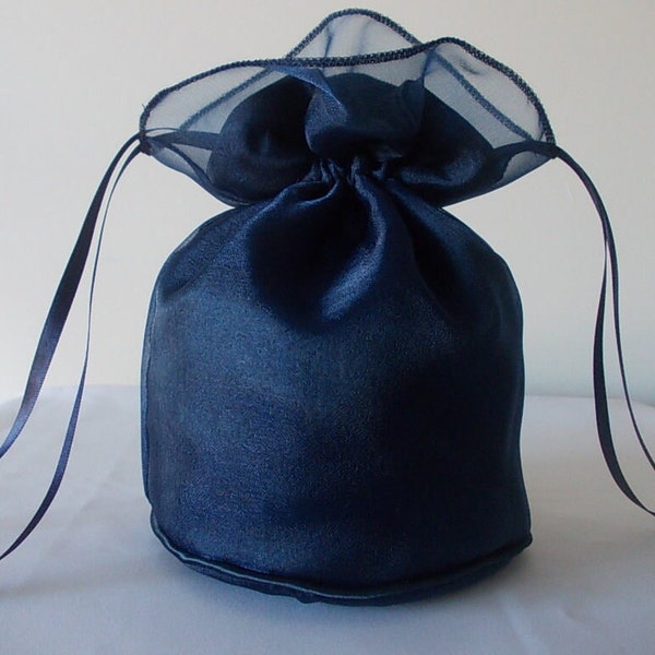 Navy organza and navy satin dolly bag. Ribbon drawstring, wrist purse, wedding bag for bride/bridesmaid Evening bag Prom. Bridal UK Seller