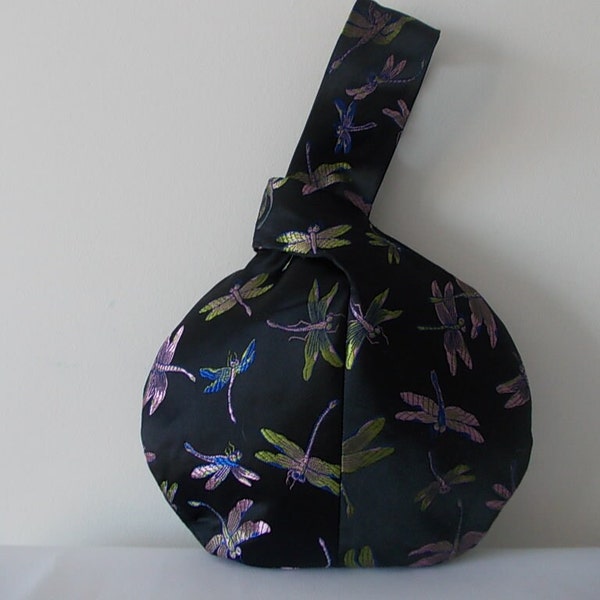Black dragonfly brocade Japanese knot bag,evening bag/wristlet bag /wrist purse/ bridesmaid bag/wedding/prom/bridal bag/Goth. UK seller