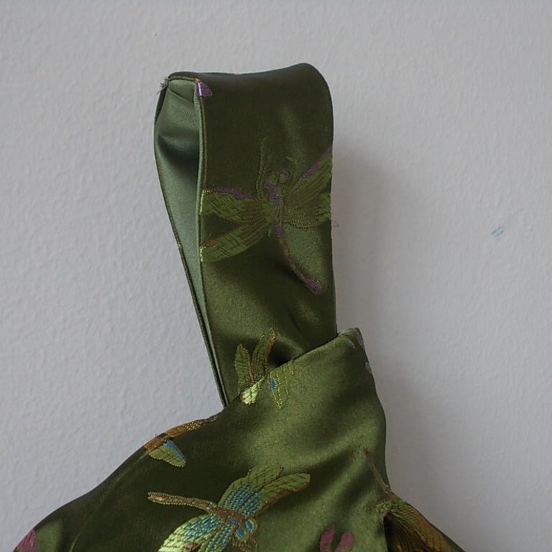 Green dragonfly brocade Japanese knot bag, wristlet, wrist bag, evening purse, bridesmaid bag, wedding, prom image 2