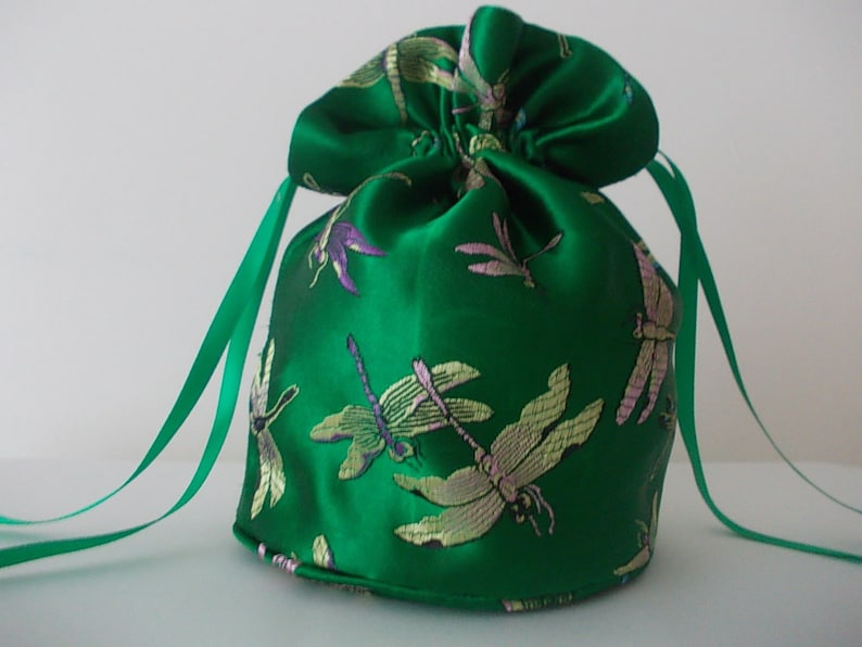 Emerald green dragonfly brocade dolly bag.Ribbon drawstring,wrist purse bride bridesmaideveningpromGoth Bridal UK Seller wedding bag