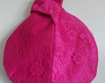 Hot pink lace and pink satin Japanese knot bag / evening bag/wristlet bag /wrist purse/ bridesmaid bag/wedding/prom/bridal bag UK seller