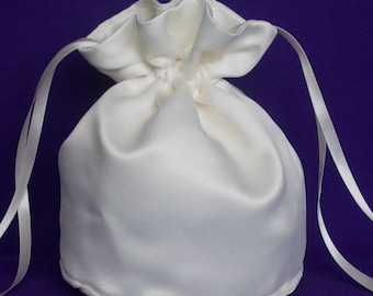 Ivory  satin dolly bag. Ribbon drawstring, wrist purse, wedding bag for bride/bridesmaid Bridal UK Seller