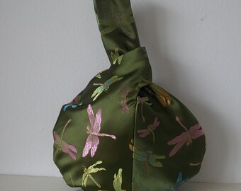 Green dragonfly brocade Japanese knot bag, wristlet, wrist bag, evening purse, bridesmaid bag, wedding, prom