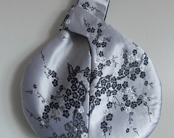 Silver/black floral brocade Japanese knot bag, evening bag/wristlet bag /wrist purse/ bridesmaid bag/wedding/prom/bridal bag/Goth. UK seller