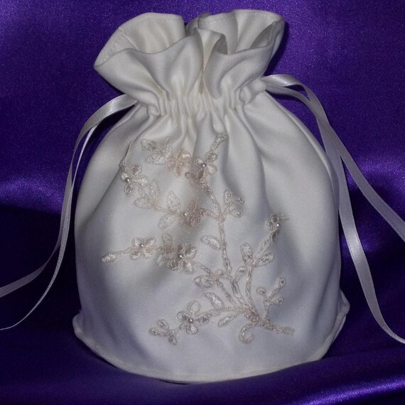 Ivory Satin Dolly Bag With Hand Beaded Motif. Ribbon Drawstring Wrist Purse Wedding Bag Bride bridesmaid. Bridal UK Seller Etsy
