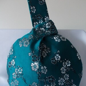 Teal floral brocade Japanese knot bag for weddings, evening. UK seller