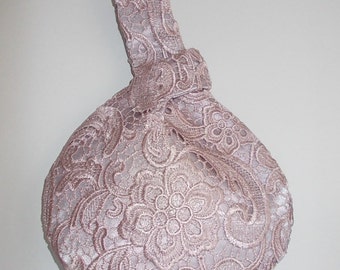 Dusky,soft pink guipure lace Japanese knot bag,evening bag/wristlet bag /wrist purse/ bridesmaid bag/wedding/prom/bridal bag/Goth. UK seller