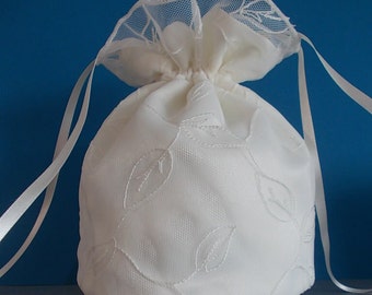 Ivory embroidered tulle and ivory satin dolly bag. Ribbon drawstring. Bridal. UK Seller