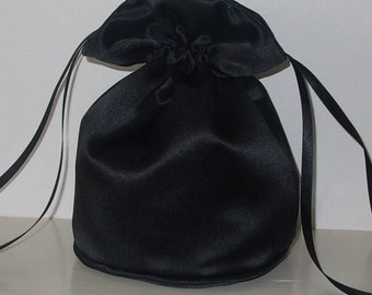 Black satin dolly bag. Ribbon drawstring, wrist purse,wedding bag for bride/bridesmaid. Evening bag. Prom/dance bag Goth Bridal UK Seller