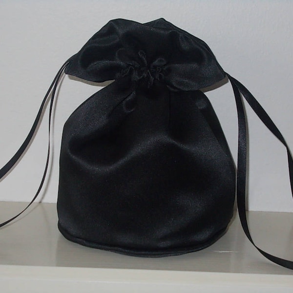 Black satin dolly bag. Ribbon drawstring, wrist purse,wedding bag for bride/bridesmaid. Evening bag. Prom/dance bag Goth Bridal UK Seller